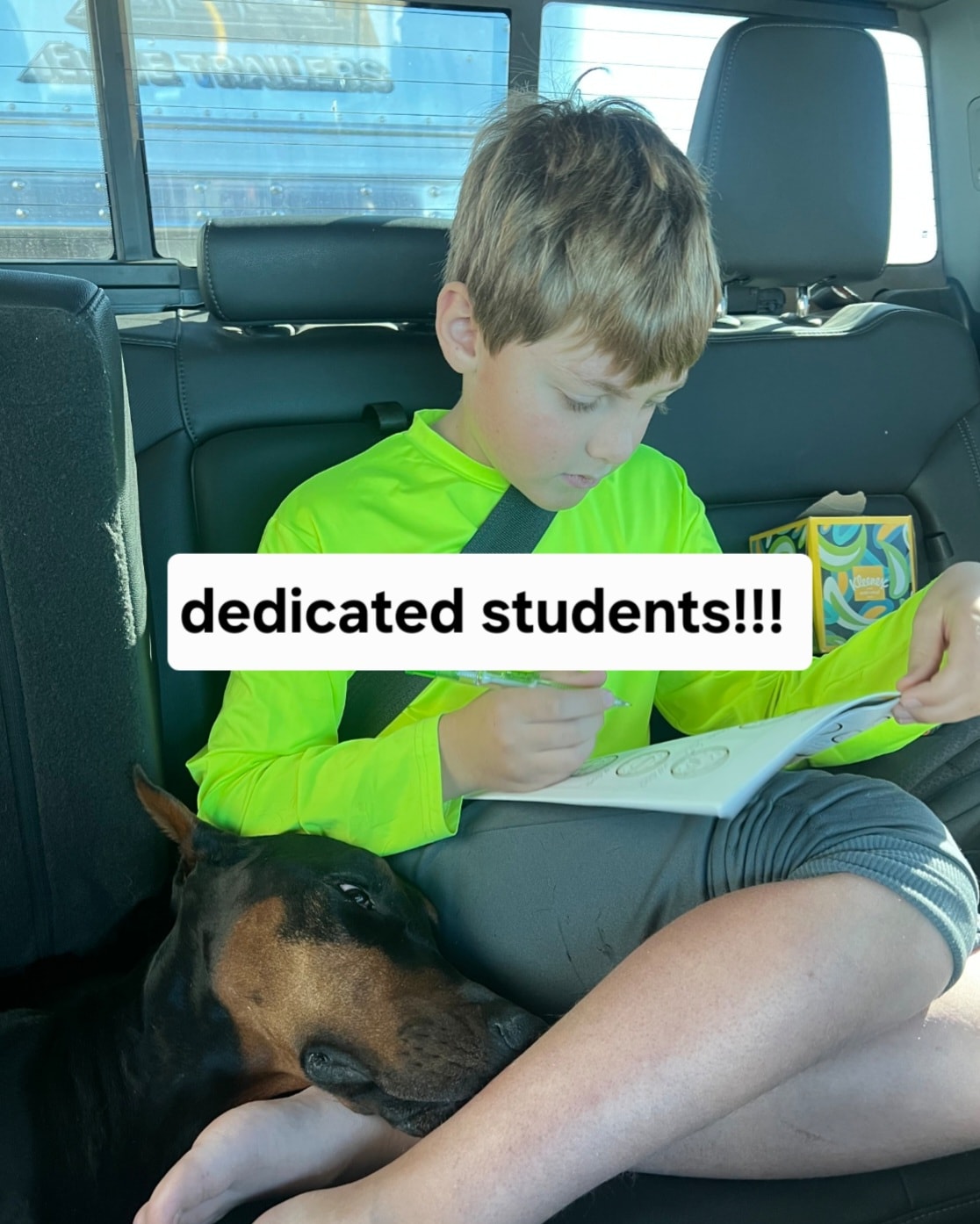 Dedicated student doing schoolwork in the car